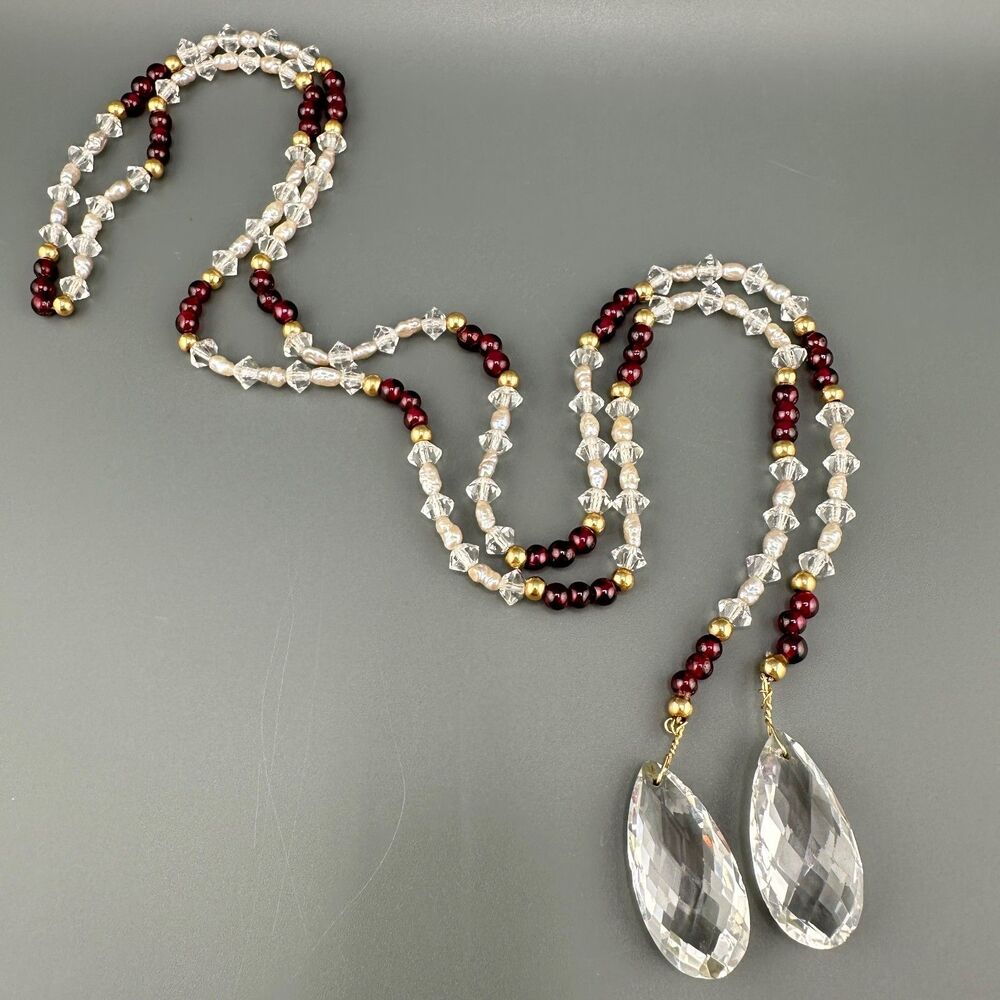 Vintage Garnet Pearl Crystal Lariat Necklace Faceted Lead Drop 14k GF Beads